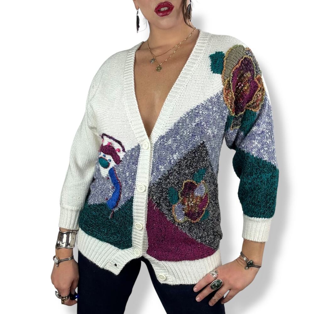 80's JACLYN SMITH funk knit cardigan sweater with metallic thread and beads - Picture 3 of 17